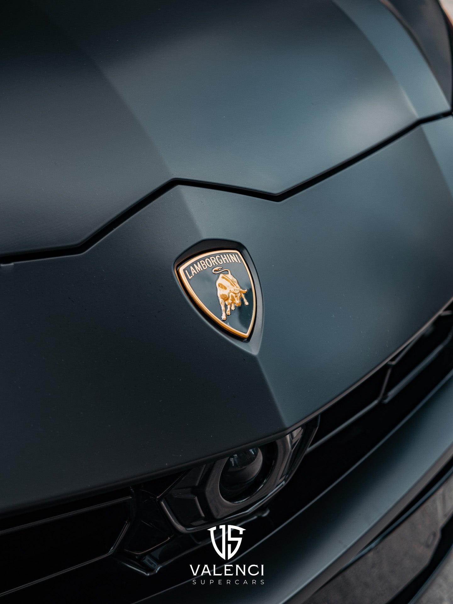 Lamborghini Urus close-up of the iconic Lamborghini emblem on the grille, highlighting the luxury and prestige of the SUV.